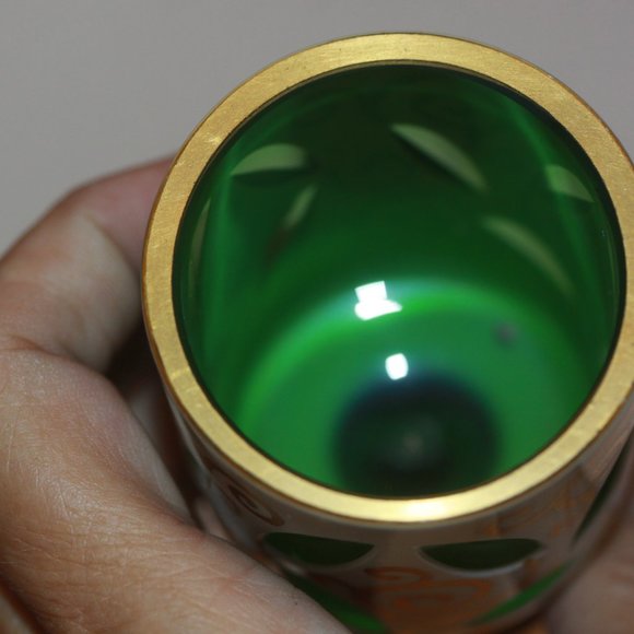 Bohemian Czech Cased White Over Green Glass Windows Gold Detail TOOTHPICK HOLDER - Picture 4 of 4